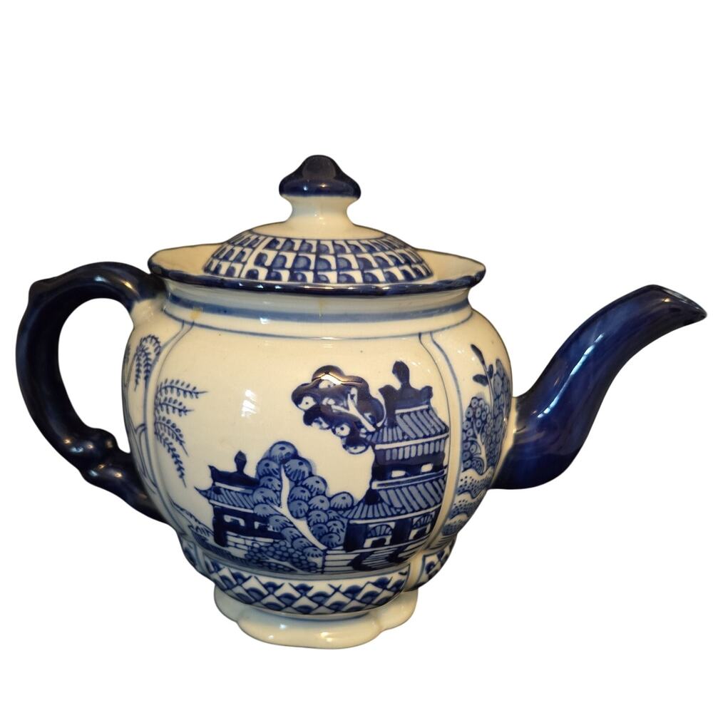 Vintage Blue Willow Teapot Blue White Ceramic Tea Pot Canton Pagoda Chinoiserie